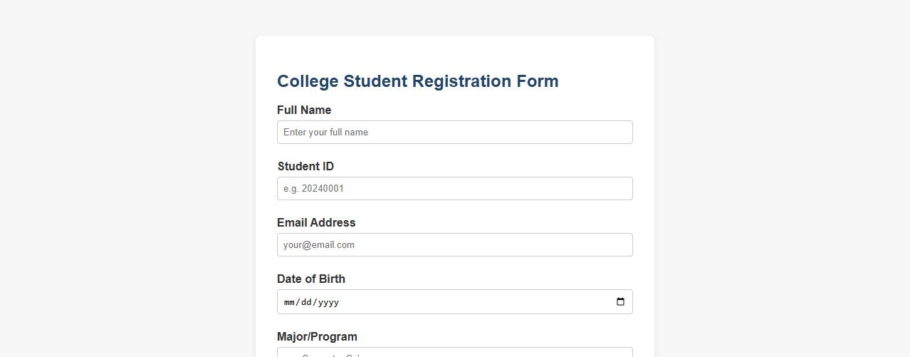 College student registration form sample with course selection image preview