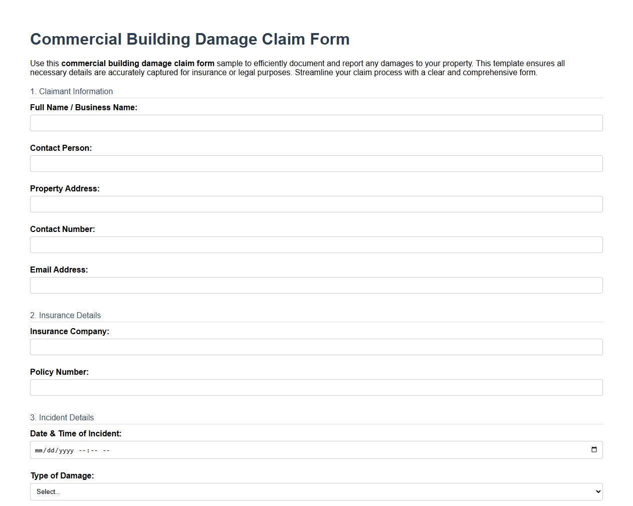 Commercial building damage claim form sample image preview