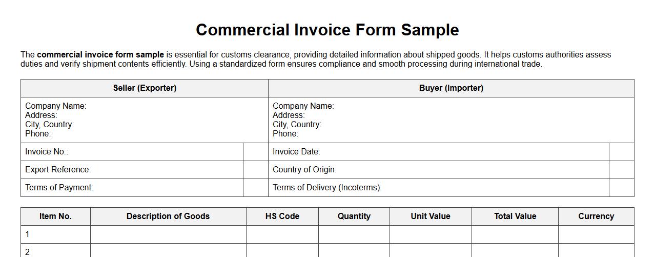 commercial invoice form sample for customs clearance image preview
