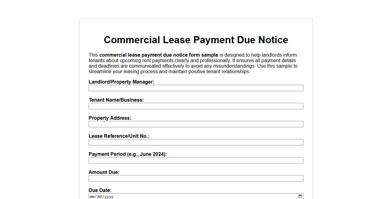 Commercial lease payment due notice form sample image preview