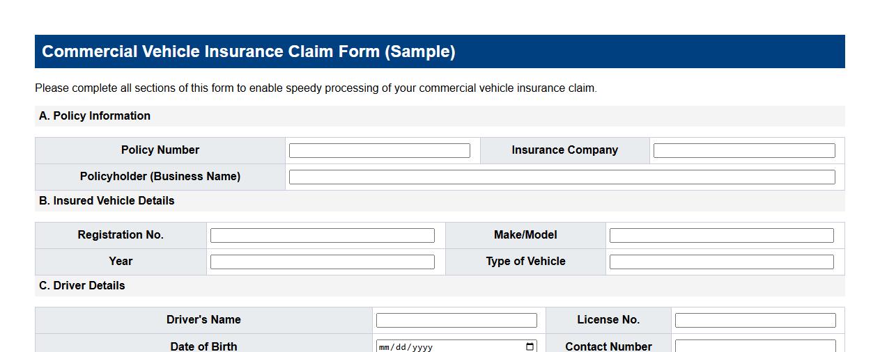 commercial vehicle insurance claim form sample for businesses image preview