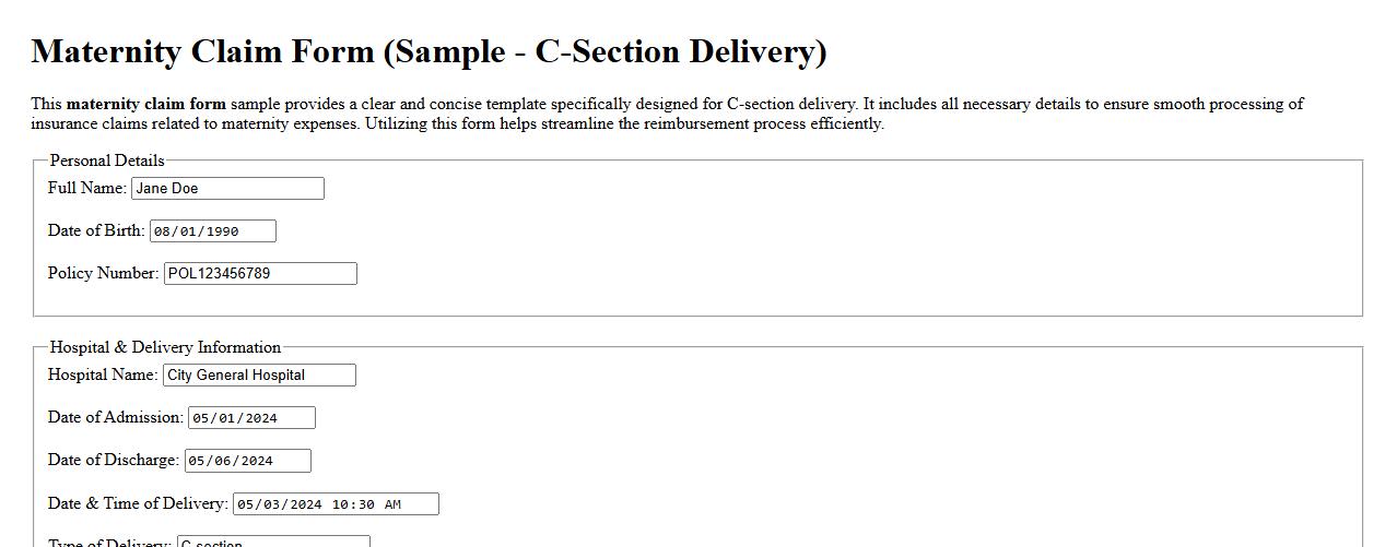 Completed maternity claim form sample for C-section delivery image preview