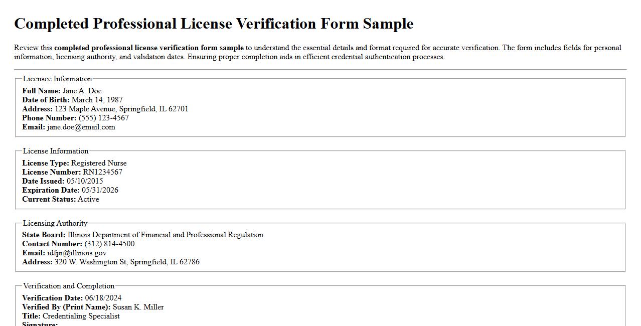 completed professional license verification form sample image preview