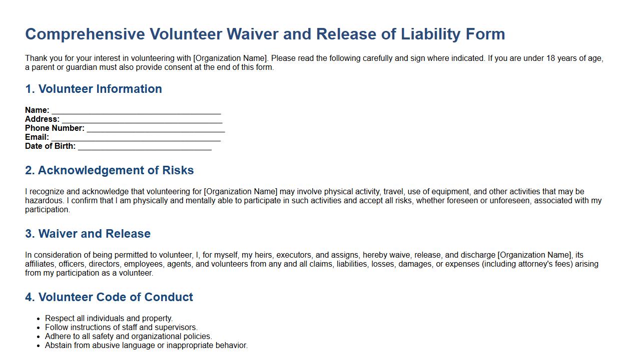 comprehensive volunteer waiver form sample with minor consent image preview