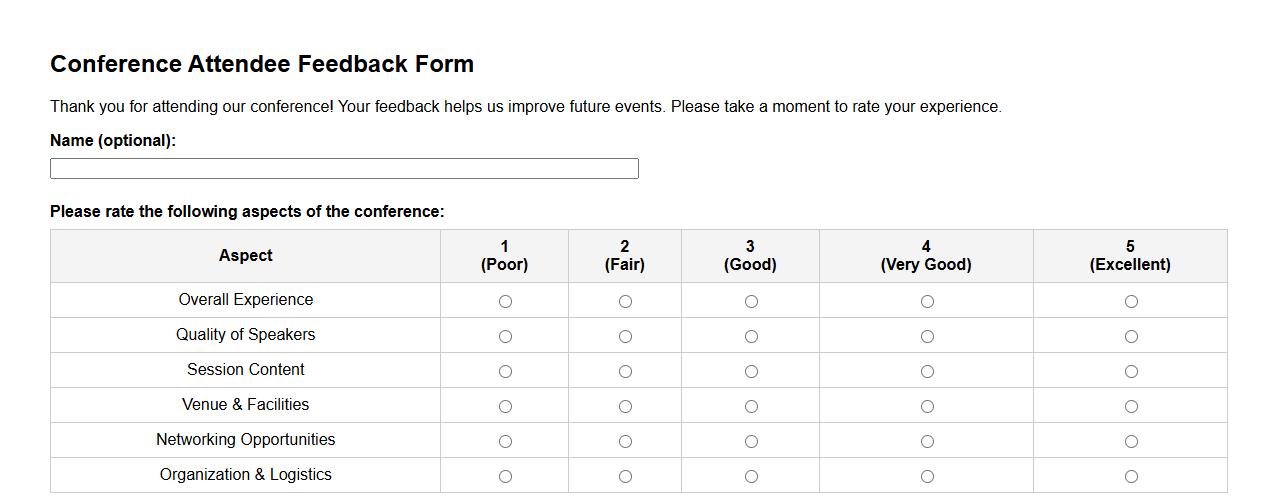 conference attendee feedback form sample with rating scale image preview