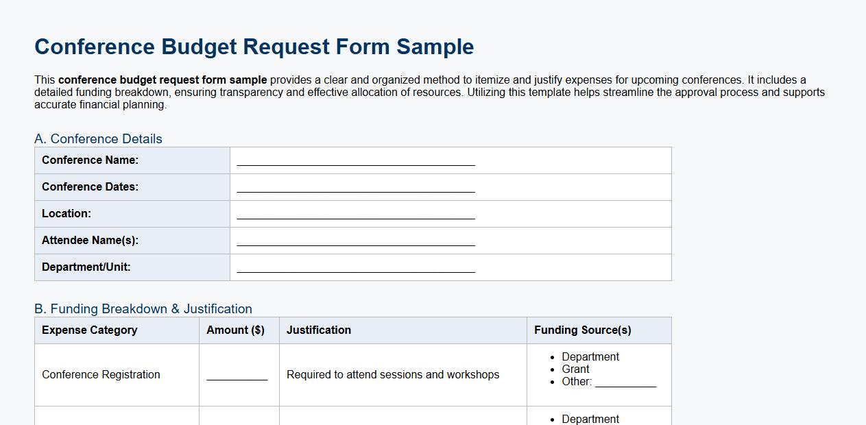 conference budget request form sample with funding breakdown image preview