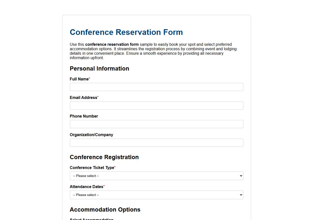 Conference reservation form sample including accommodation options image preview