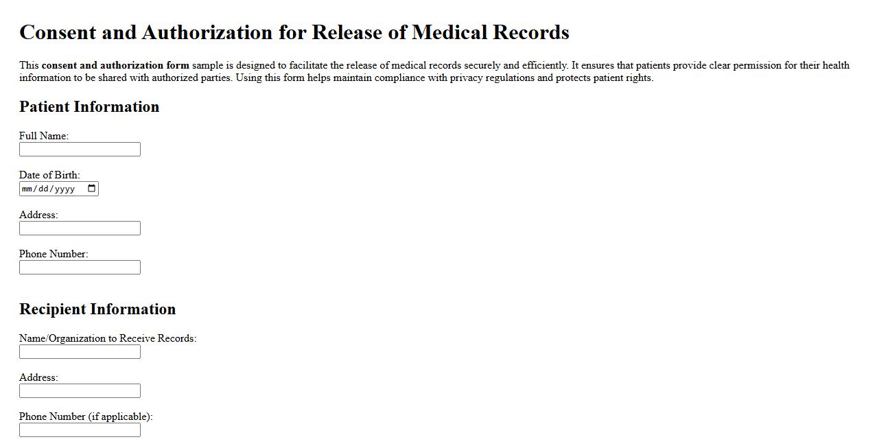 consent and authorization form sample for release of medical records image preview