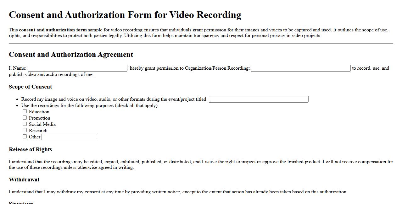 consent and authorization form sample for video recording image preview