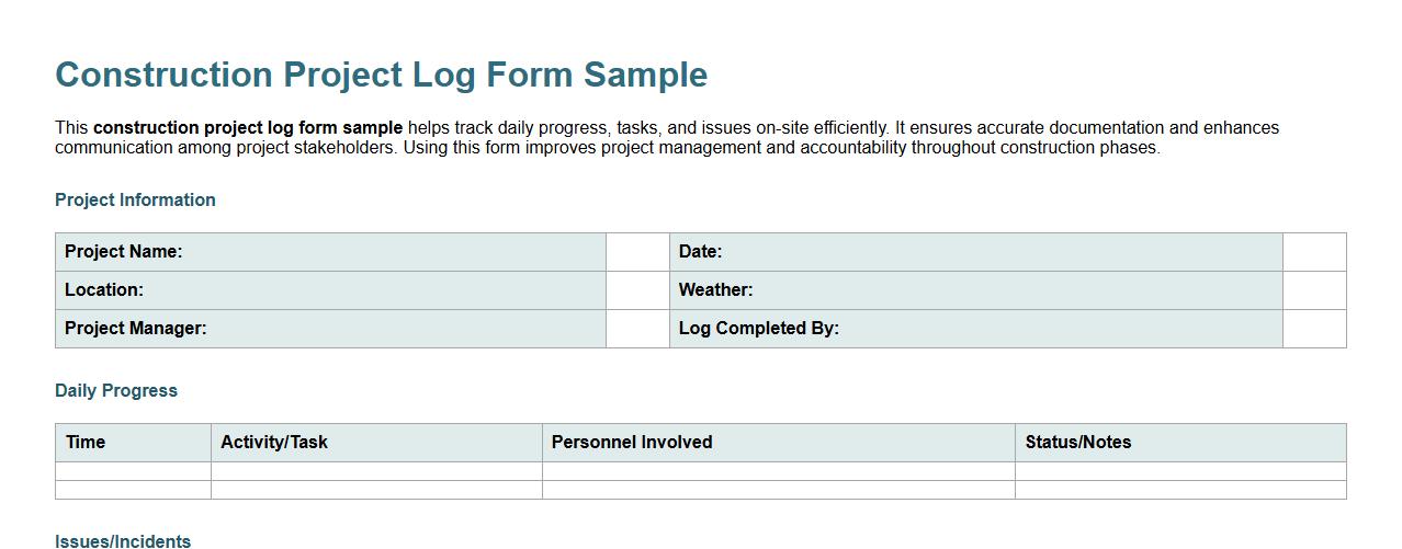 Construction project log form sample image preview