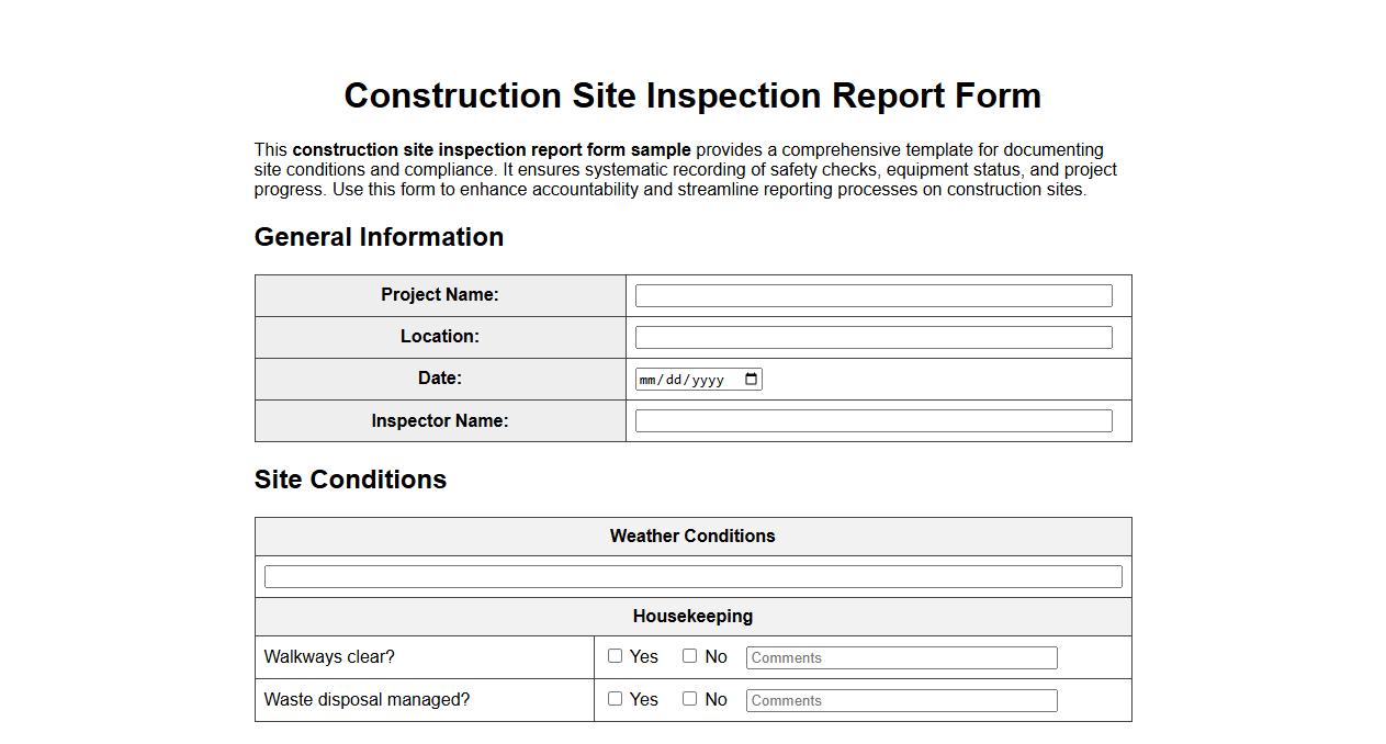 Construction site inspection report form sample image preview