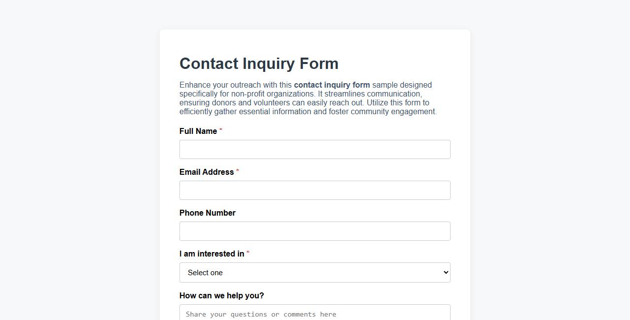 Contact inquiry form sample for non-profit organizations image preview