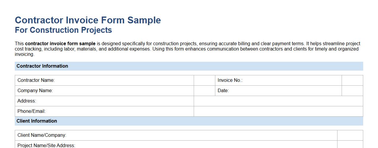 Contractor invoice form sample for construction projects image preview