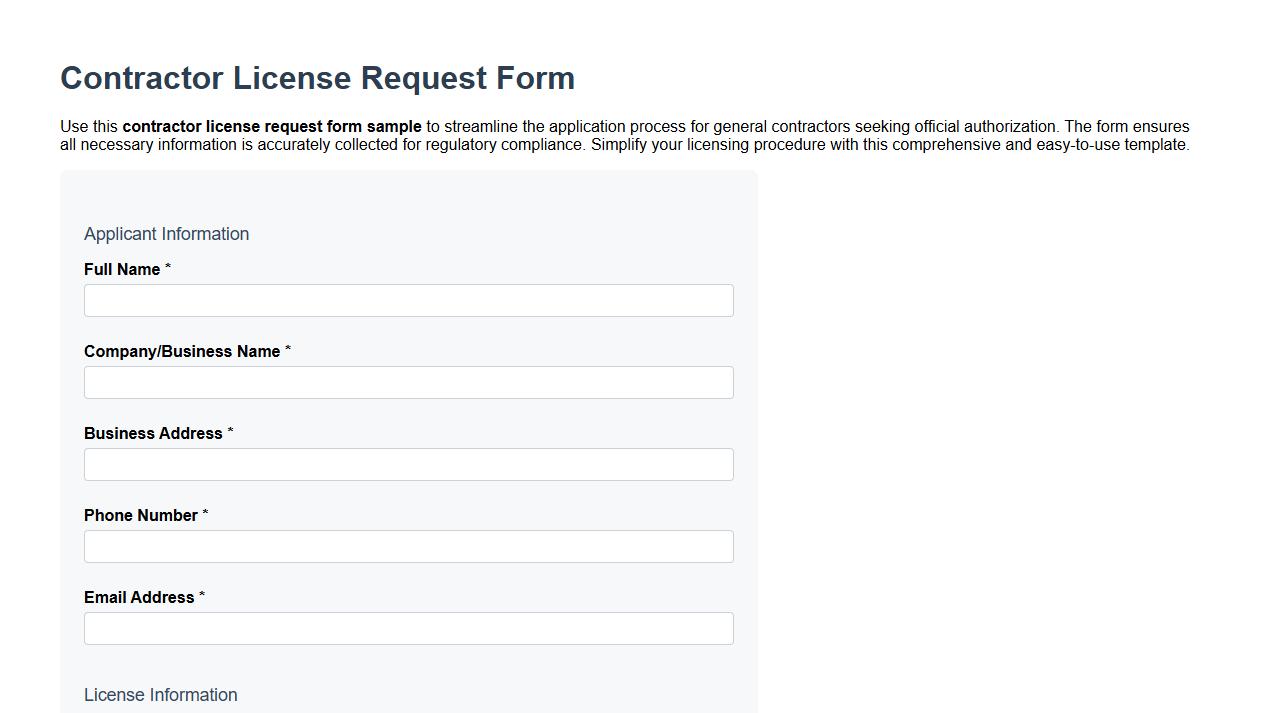 Contractor license request form sample for general contractors image preview