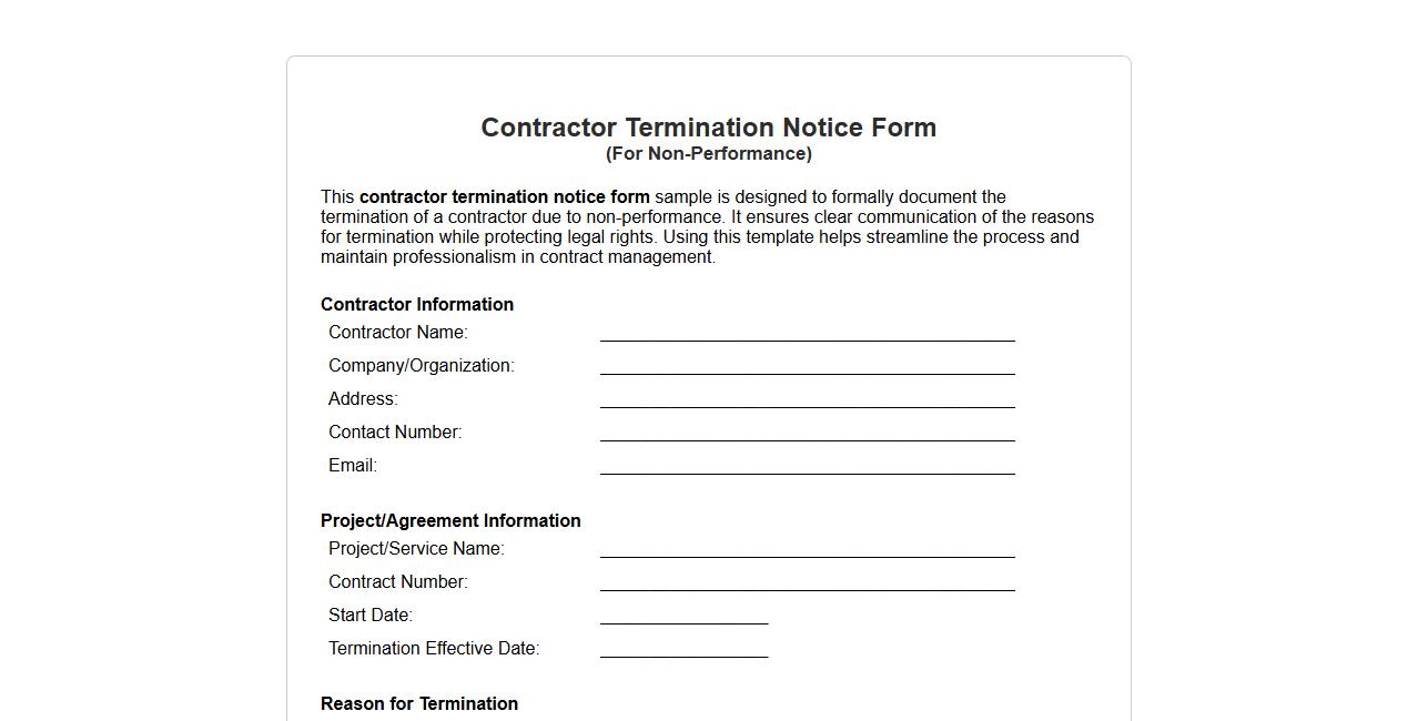 Contractor termination notice form sample for non-performance image preview
