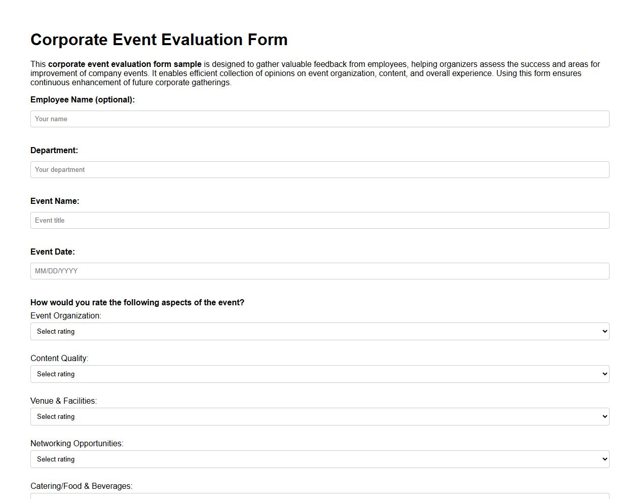 corporate event evaluation form sample for employees image preview