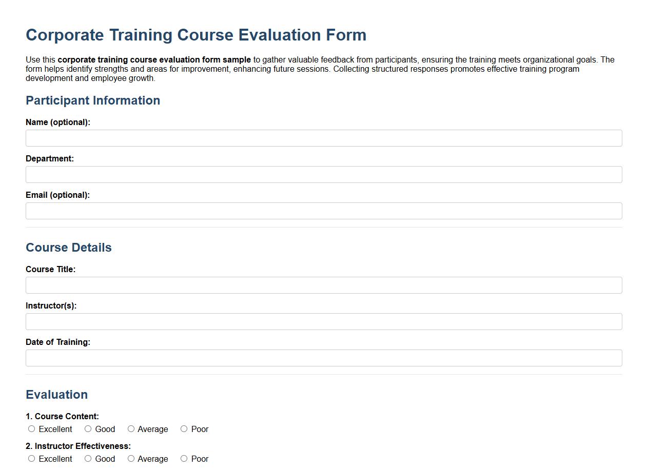 Corporate training course evaluation form sample image preview