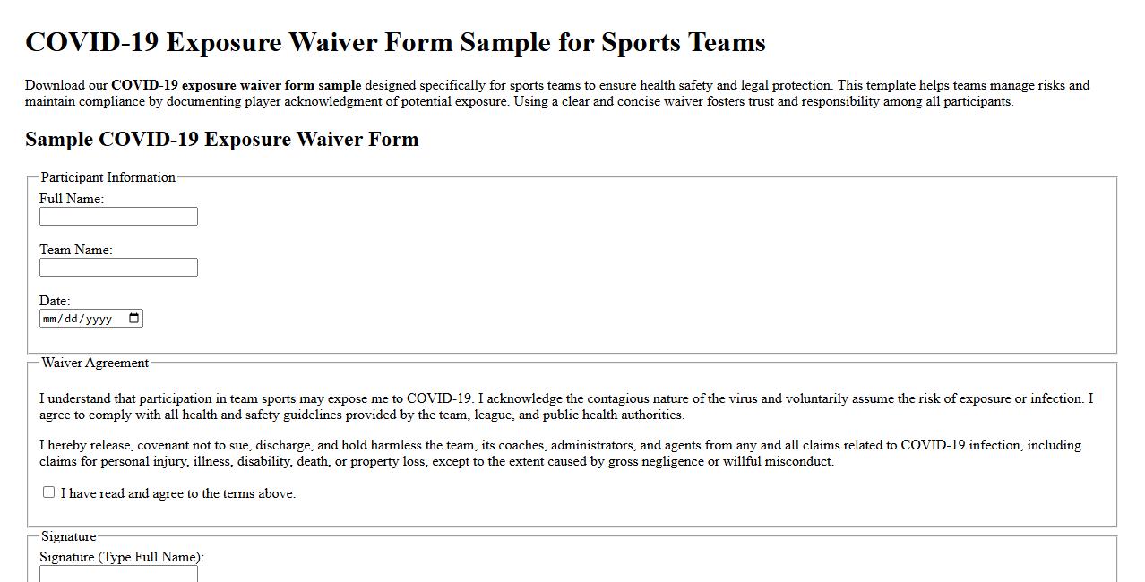 COVID-19 exposure waiver form sample for sports teams image preview