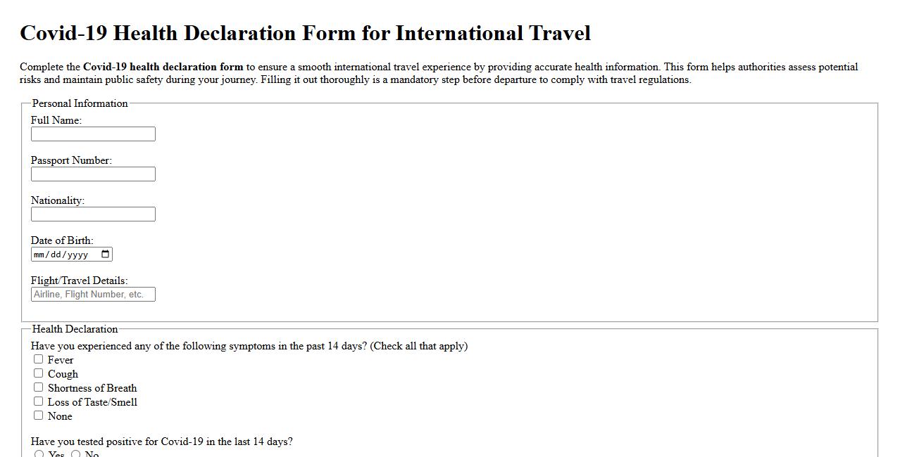 Covid-19 health declaration form sample for international travel image preview