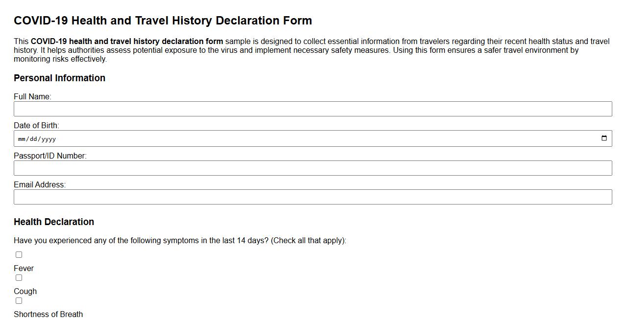 COVID-19 health and travel history declaration form sample image preview