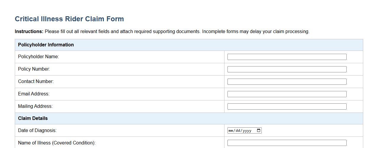 critical illness rider claim form sample template image preview