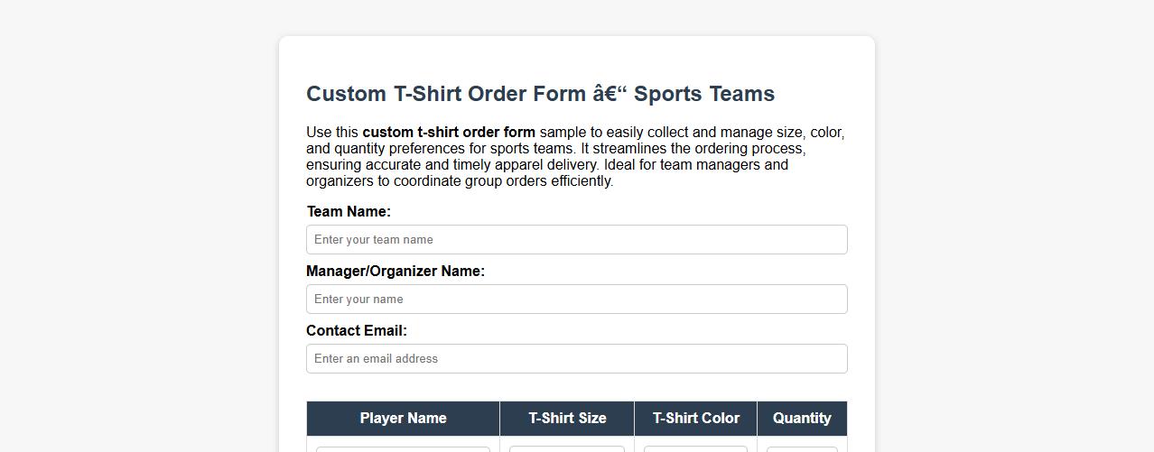 custom t-shirt order form sample for sports teams image preview