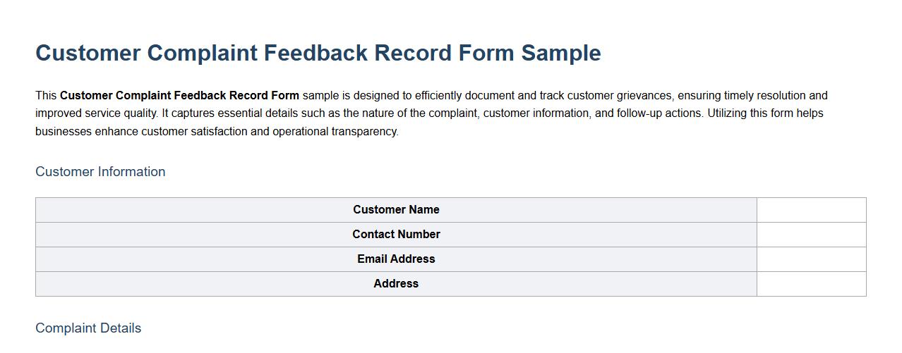 Customer Complaint Feedback Record Form Sample image preview