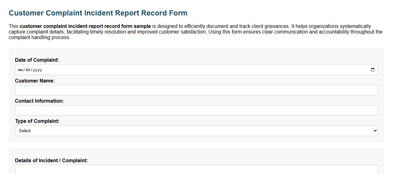 customer complaint incident report record form sample image preview