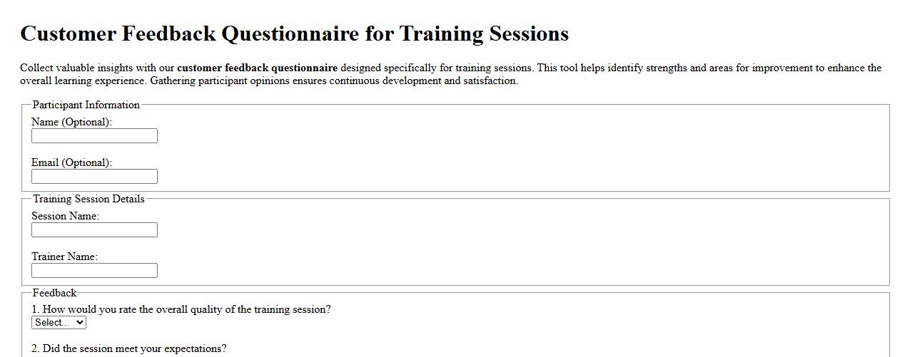 Customer feedback questionnaire for training sessions image preview