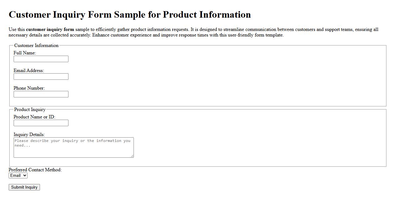 Customer inquiry form sample for product information image preview