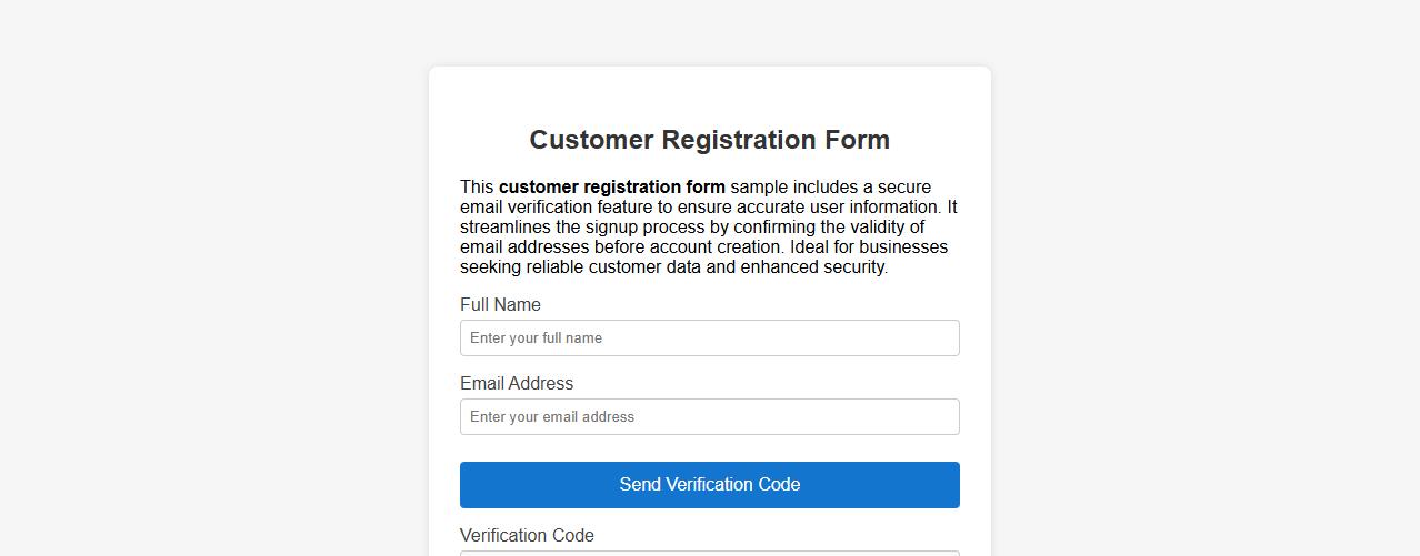 Customer registration form sample with email verification image preview