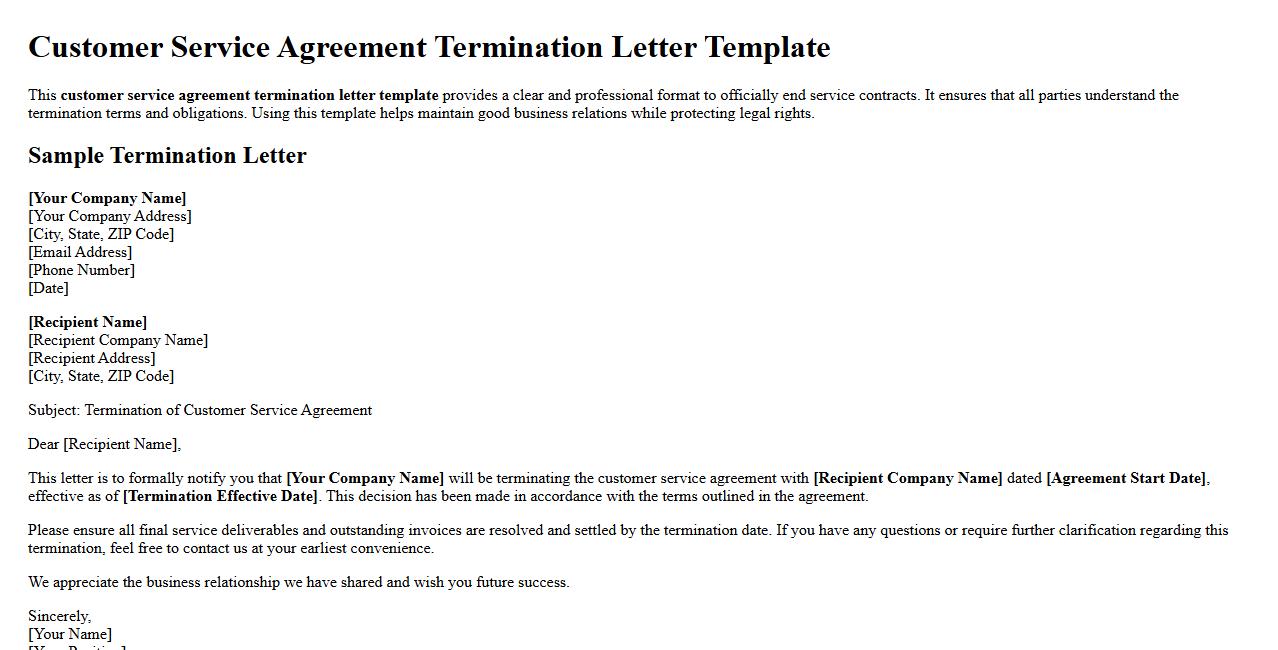 Customer service agreement termination letter template image preview
