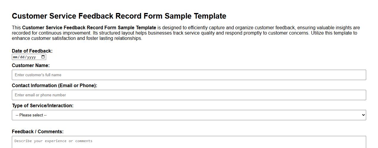Customer Service Feedback Record Form Sample Template image preview