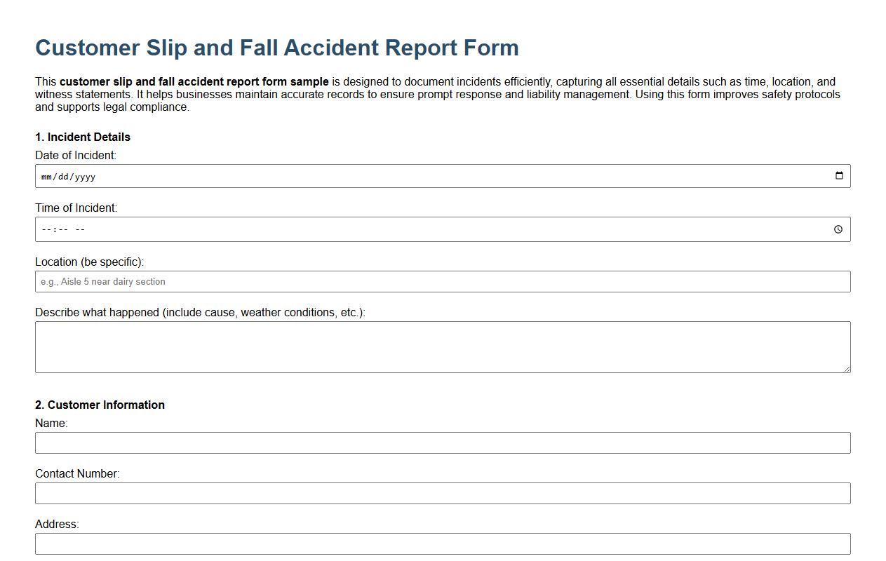 customer slip and fall accident report form sample image preview