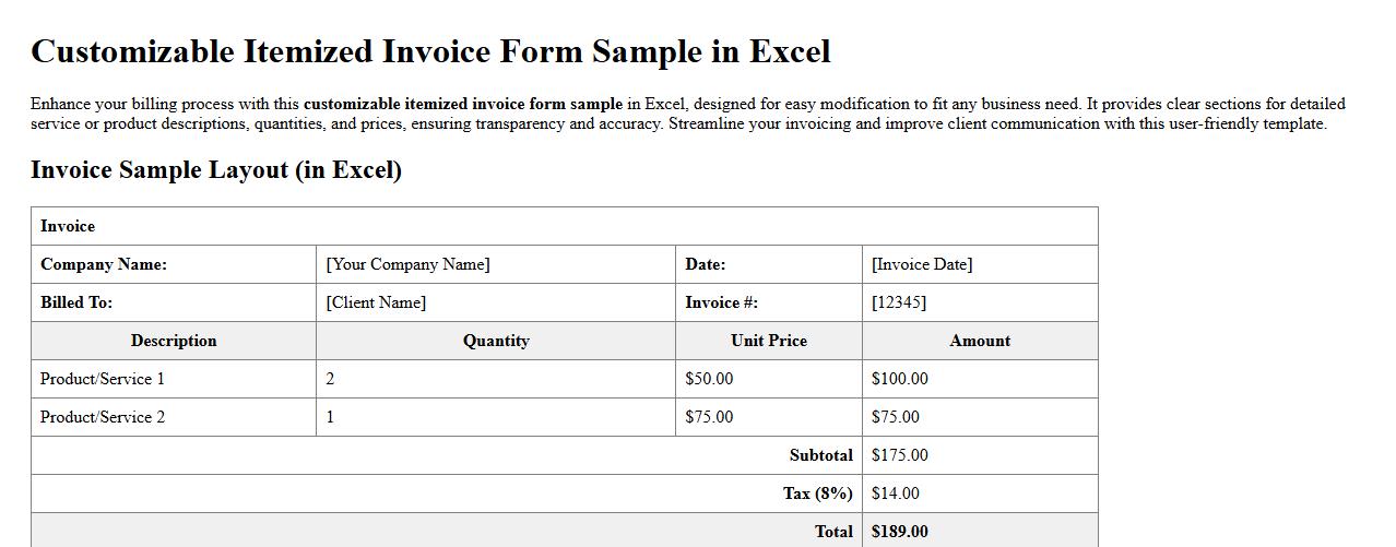customizable itemized invoice form sample in Excel image preview