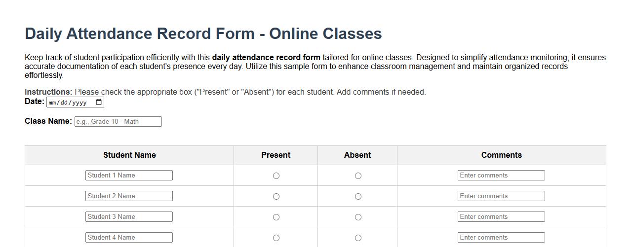 Daily attendance record form sample for online classes image preview