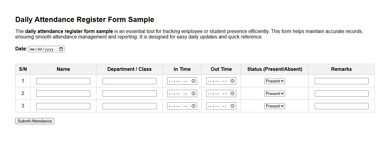 daily attendance register form sample image preview