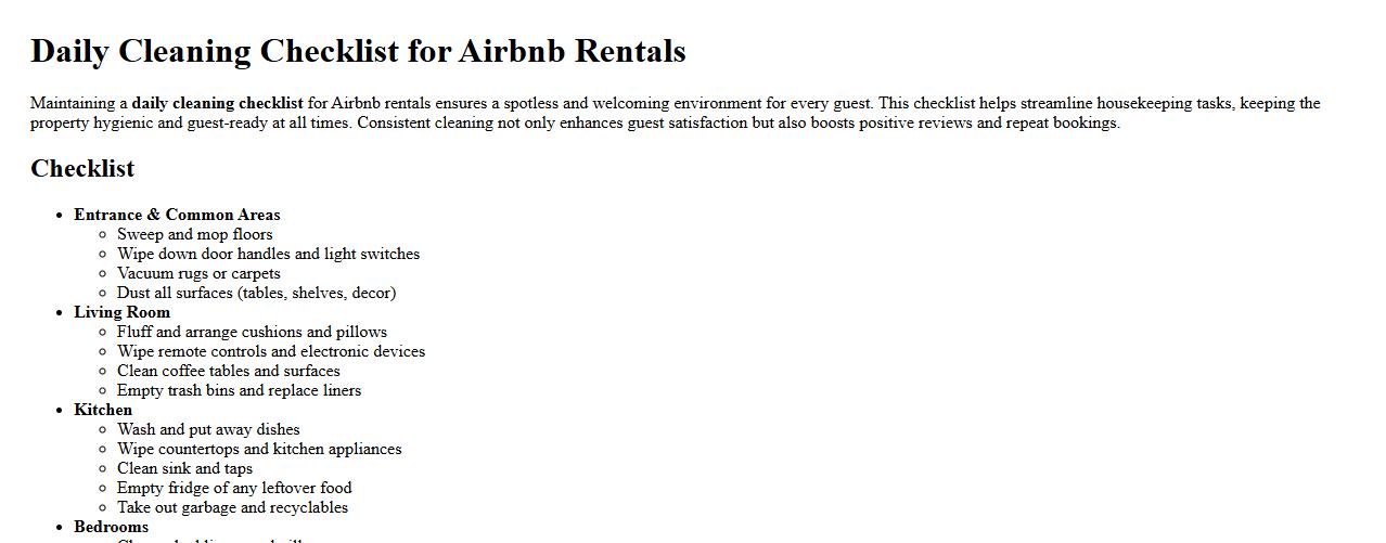 daily cleaning checklist for Airbnb rentals image preview
