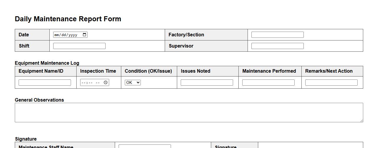 daily maintenance report form sample for factory image preview