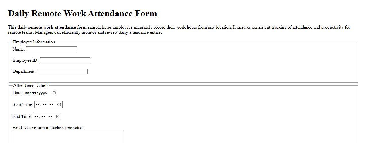 Daily remote work attendance form sample for employees image preview