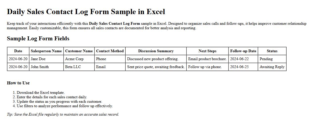Daily sales contact log form sample in Excel image preview