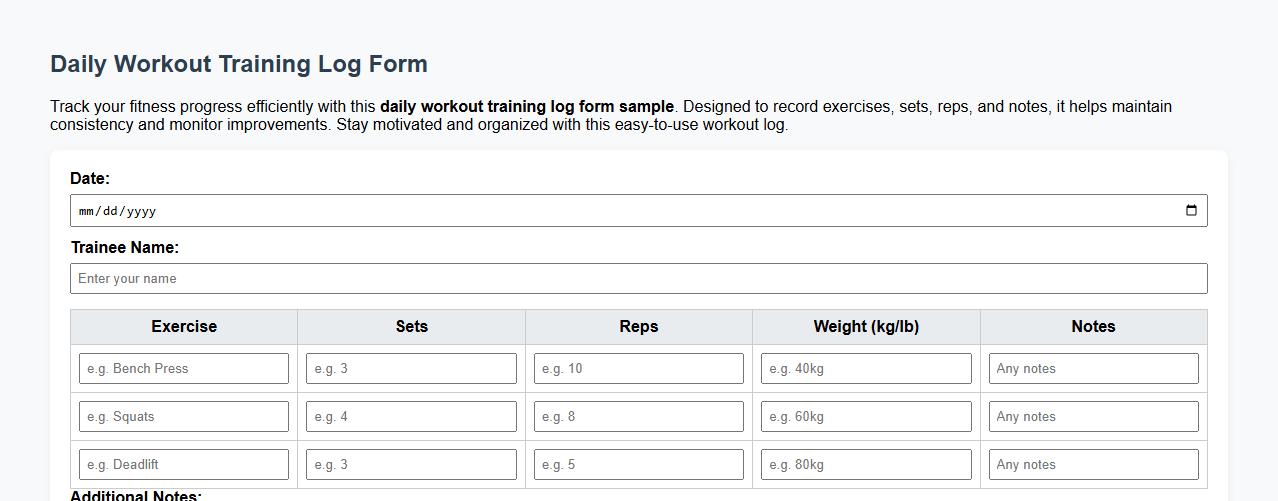daily workout training log form sample image preview