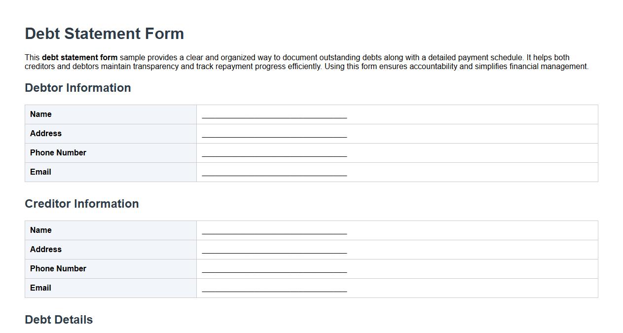 Debt statement form sample with payment schedule image preview