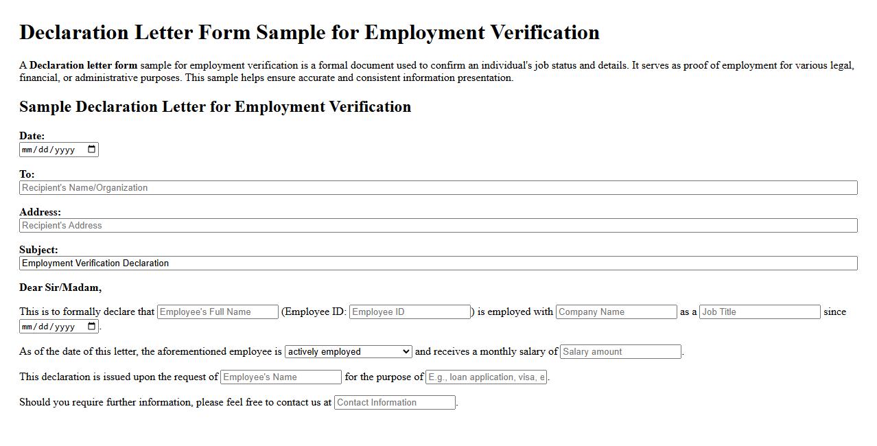 Declaration letter form sample for employment verification image preview