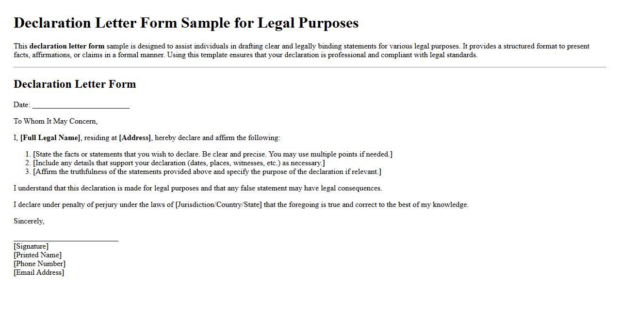 Declaration letter form sample for legal purposes image preview