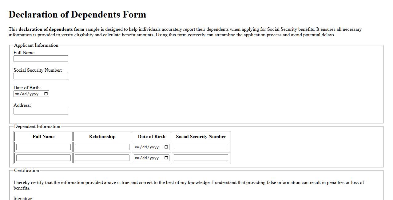 declaration of dependents form sample for social security benefits image preview