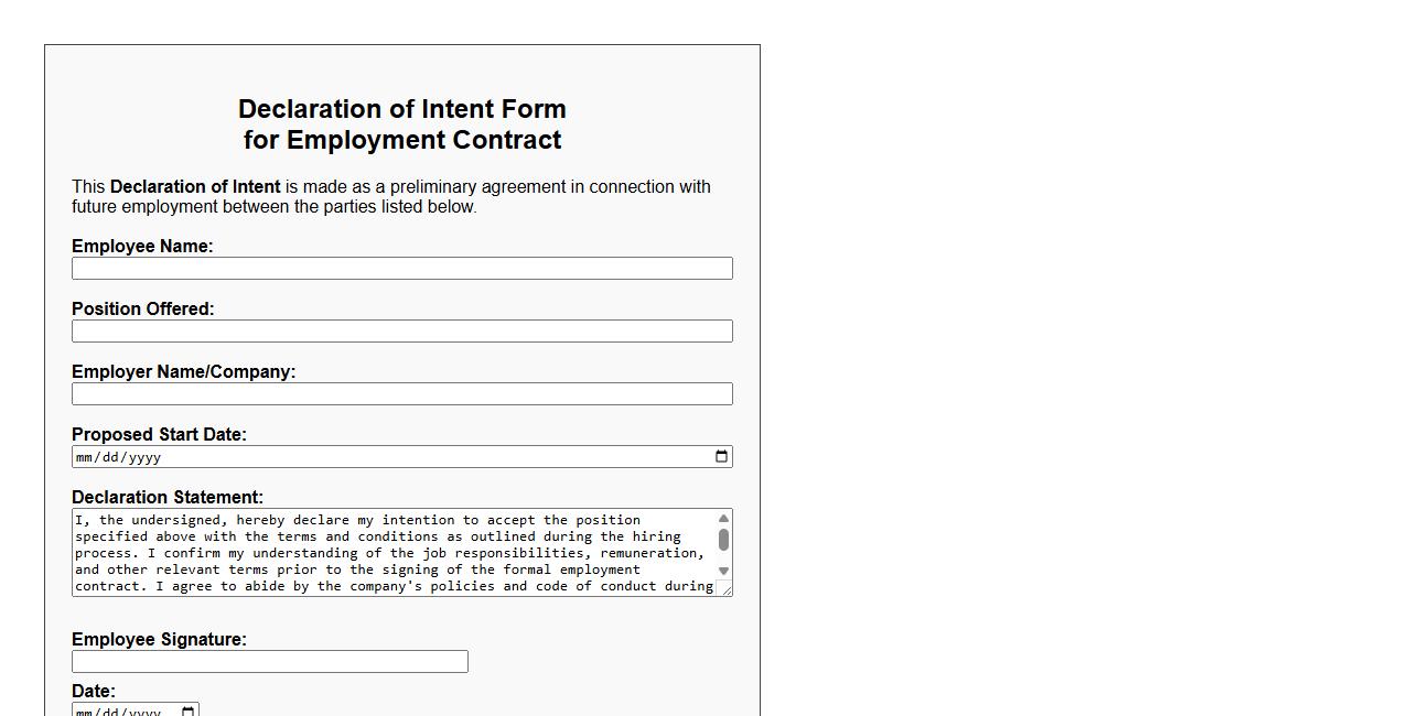 declaration of intent form sample for employment contract image preview