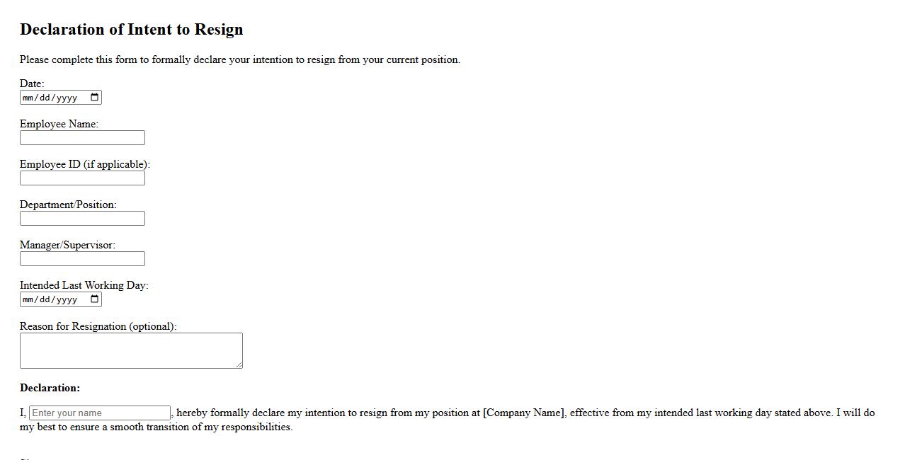 declaration of intent form sample for job resignation image preview