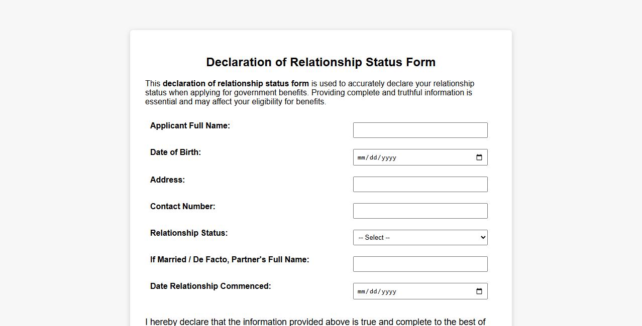 declaration of relationship status form sample for government benefits image preview