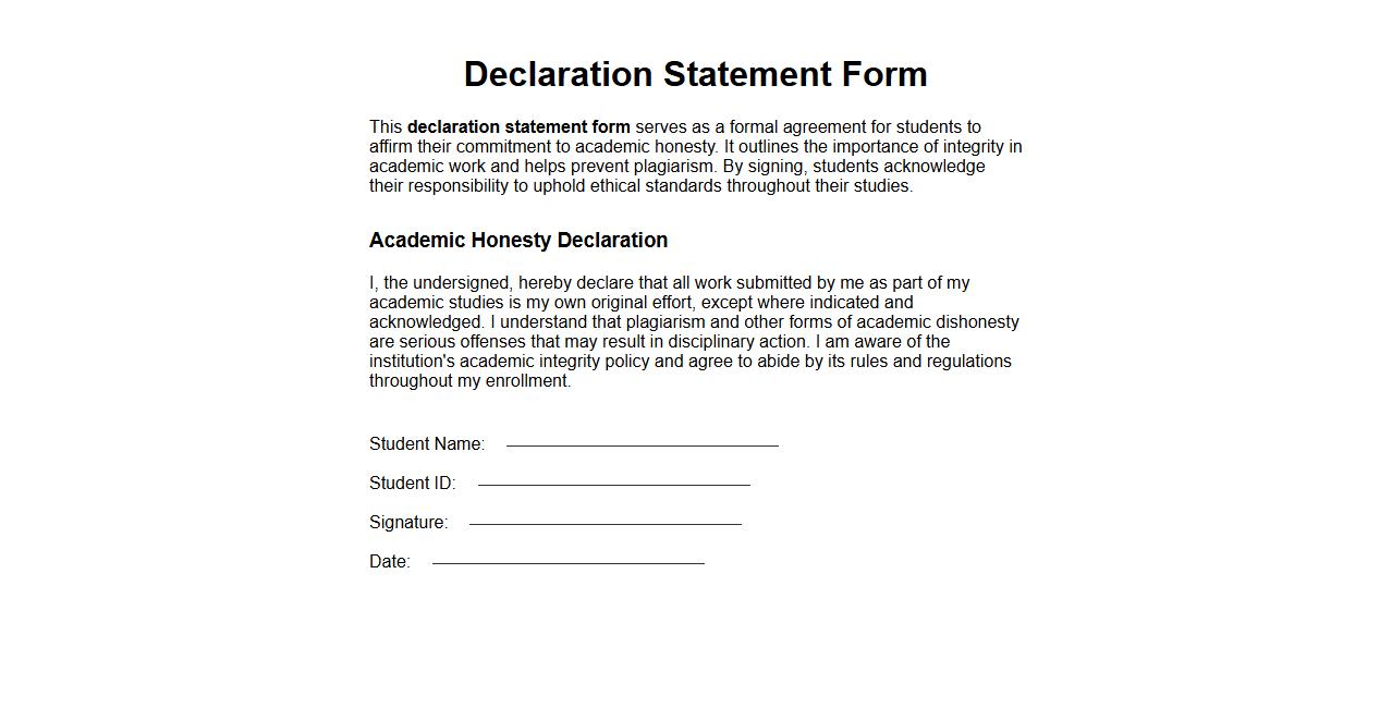 Declaration statement form sample for academic honesty image preview